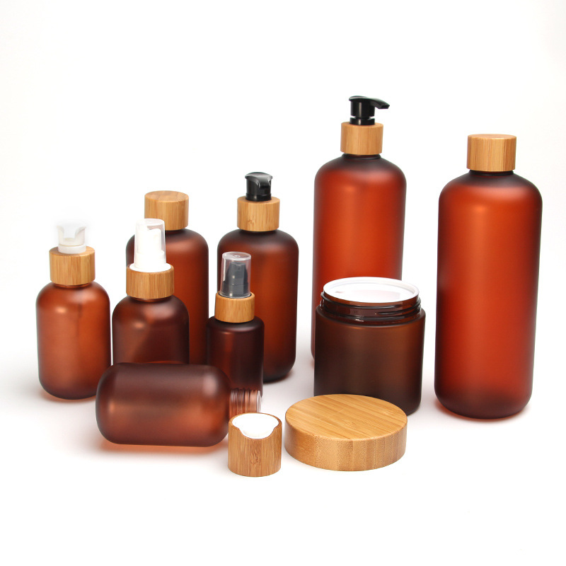 300ml 500ml Biodegradable Bamboo Cap Amber Matt Black PET Bottle for in Other Cosmetic Body Wash Shampoo Hair Conditioner