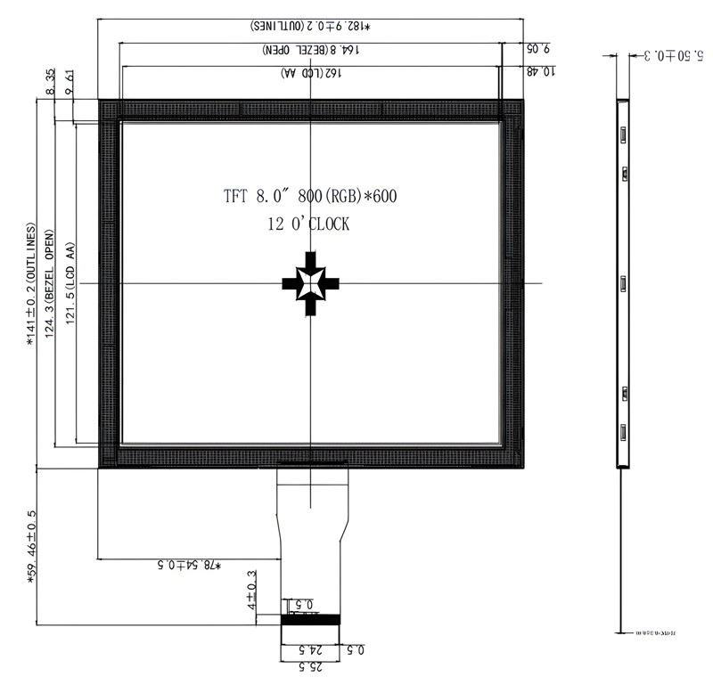 Hard Coating 8inch Industrial TFT Display 800x600 Dots 24-Bit RGB 50 Pins