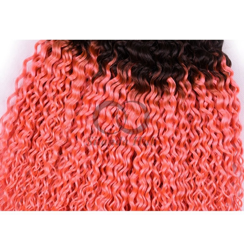 #T1B/Pink Kinky Curly Remy Human Hair Bundles Sew In Weave Bundles Brazilian Bundle Deals