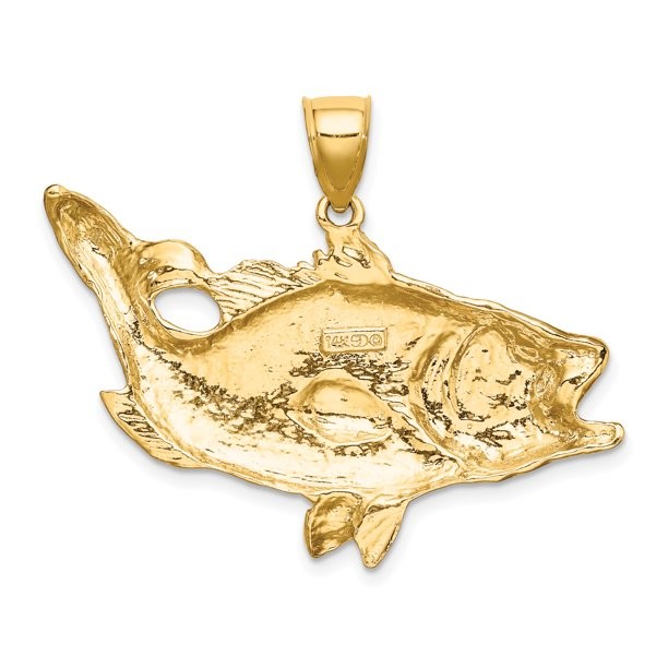 Carat in Karats 10K Yellow Gold Open Mouth Bass Fish Pendant Charm With 14K Yellow Gold Lightweight Rope Chain Necklace