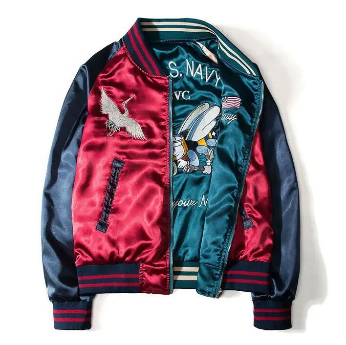 College Jacket Embroidered Satin Baseball Jacket Reversible Bomber for Men