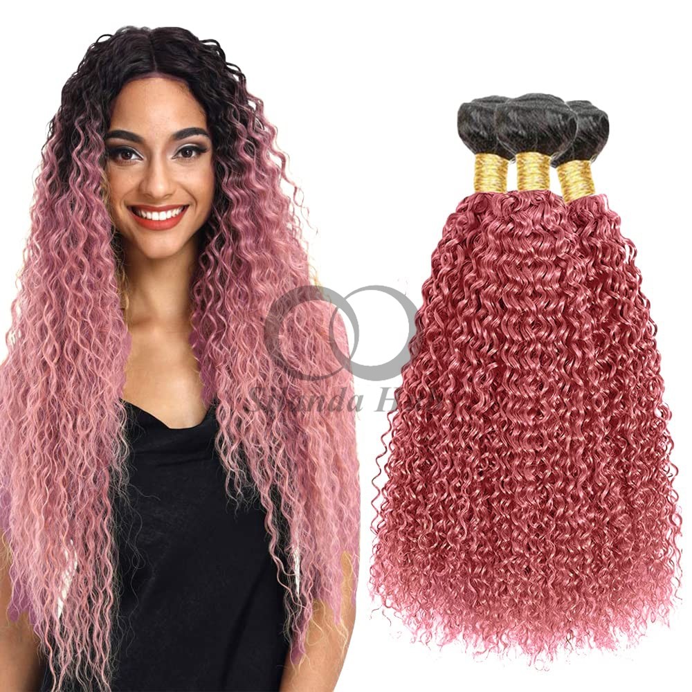 #T1B/Pink Kinky Curly Remy Human Hair Bundles Sew In Weave Bundles Brazilian Bundle Deals