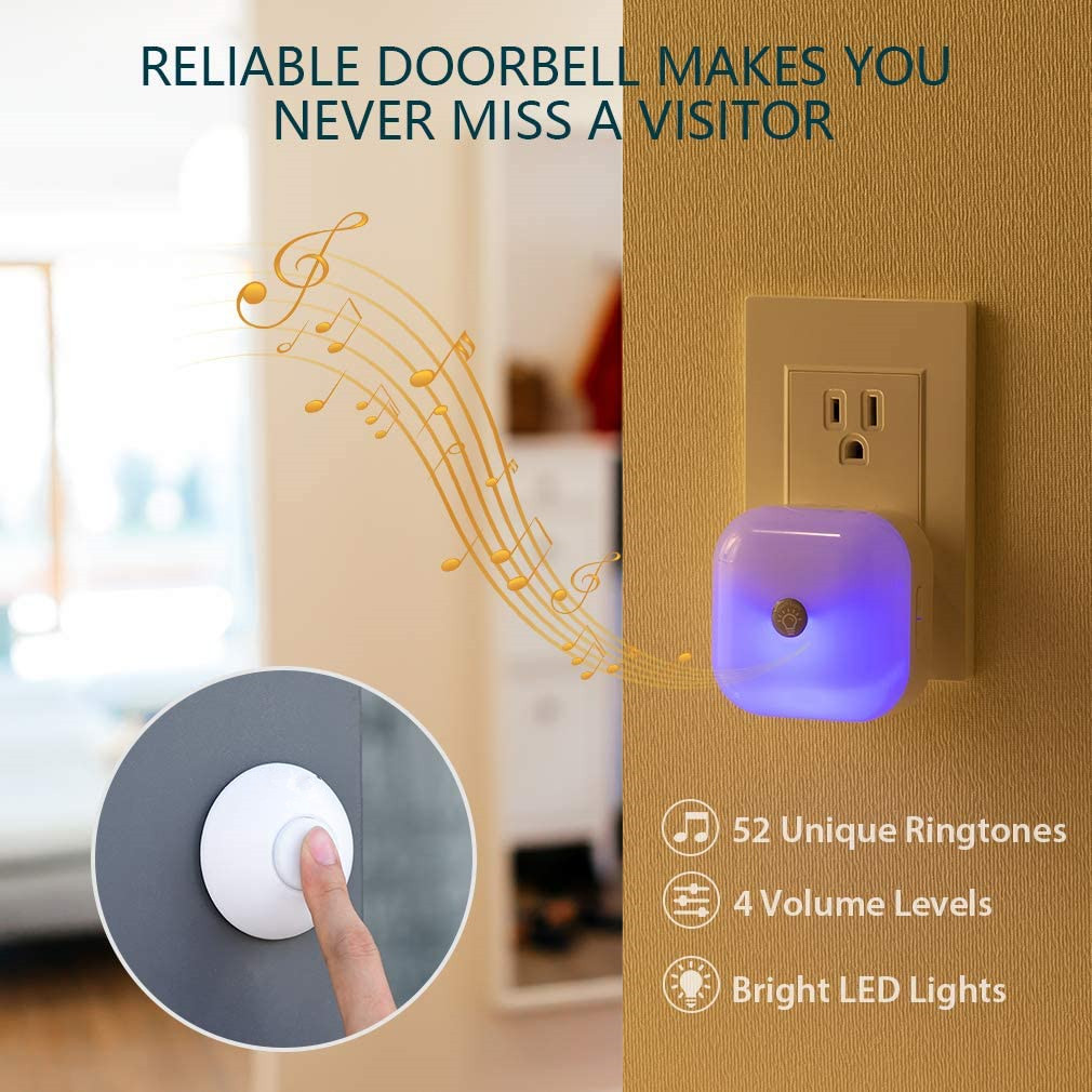 Plug-in Receiver Chimer and Waterproof Transmitter,4 Volume Adjustment Wireless DoorBell Smart Touch LED Night Light