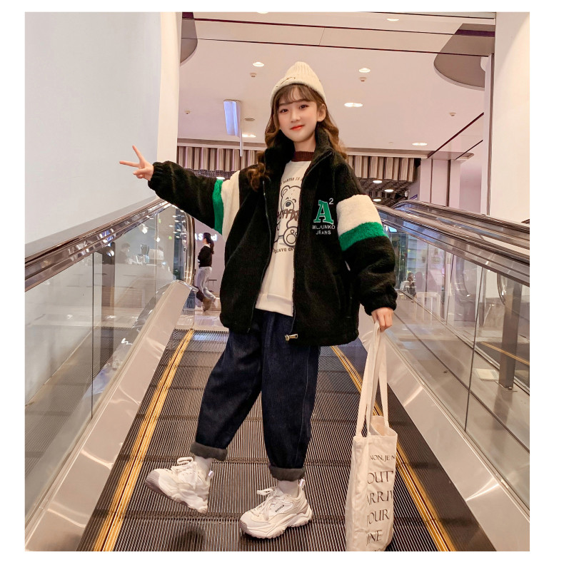 Girls Cotton Warm Embroidered Lamb Wool Padded Coat Windproof