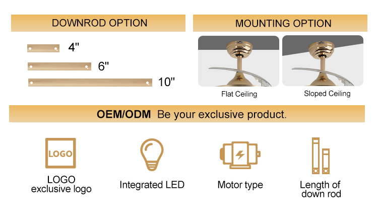Home Office Function Air Conditioning LED Lighting Gold Ceiling Fan with Hidden Blades