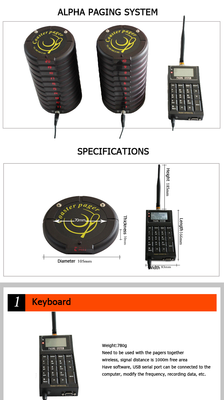 wireless FM modulation waterproof long range signal pocsag coaster pager for clinic or restaurant