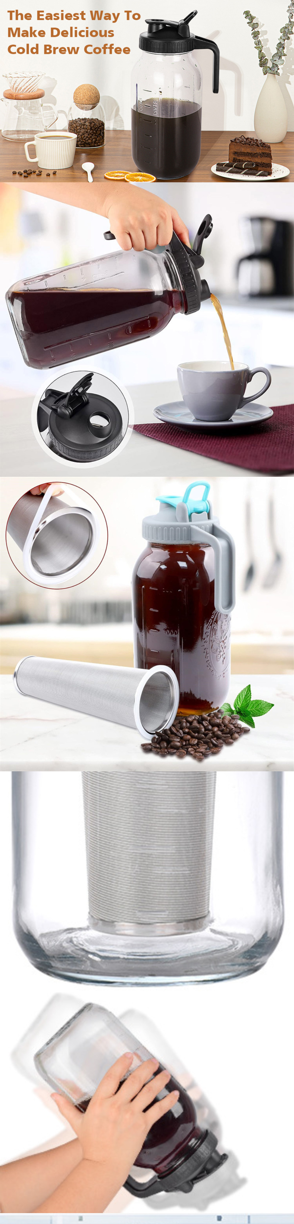 PP Plastic 64oz Ceramic Cold Brew Coffee Maker with Stainless Steel Filter and Spout Lid
