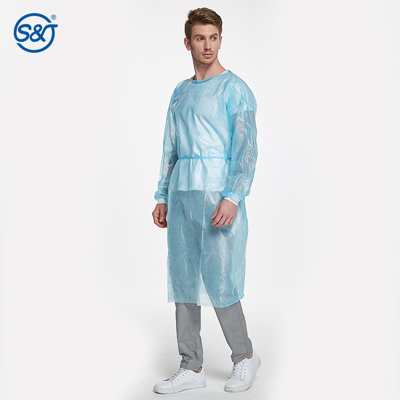 S&J Disposable Impermeable Isolation Gown PE Coating Over PP Layer for Excellent Fluid and Tear Resistance Hospital Uniform