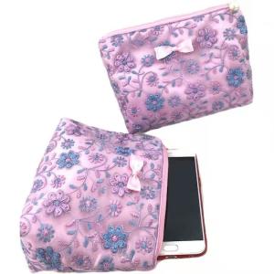 Quality Customized Purple Flower Pattern Large Zipper Makeup Bag Lace Cloth Embroidery wholesale