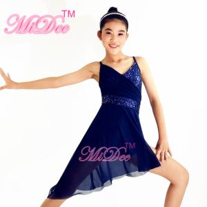 Quality Navy Blue Lyrical Dance Competition Costumes Sequin V-Neck Knee Length High-Low Dress wholesale
