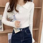 Lapel Button Women Knit Sweater , Long Sleeve Knit Sweater