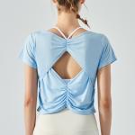 Pleated Nylon Sports Short Sleeve Ladies Yoga Tops Running Fitness T - Shirt