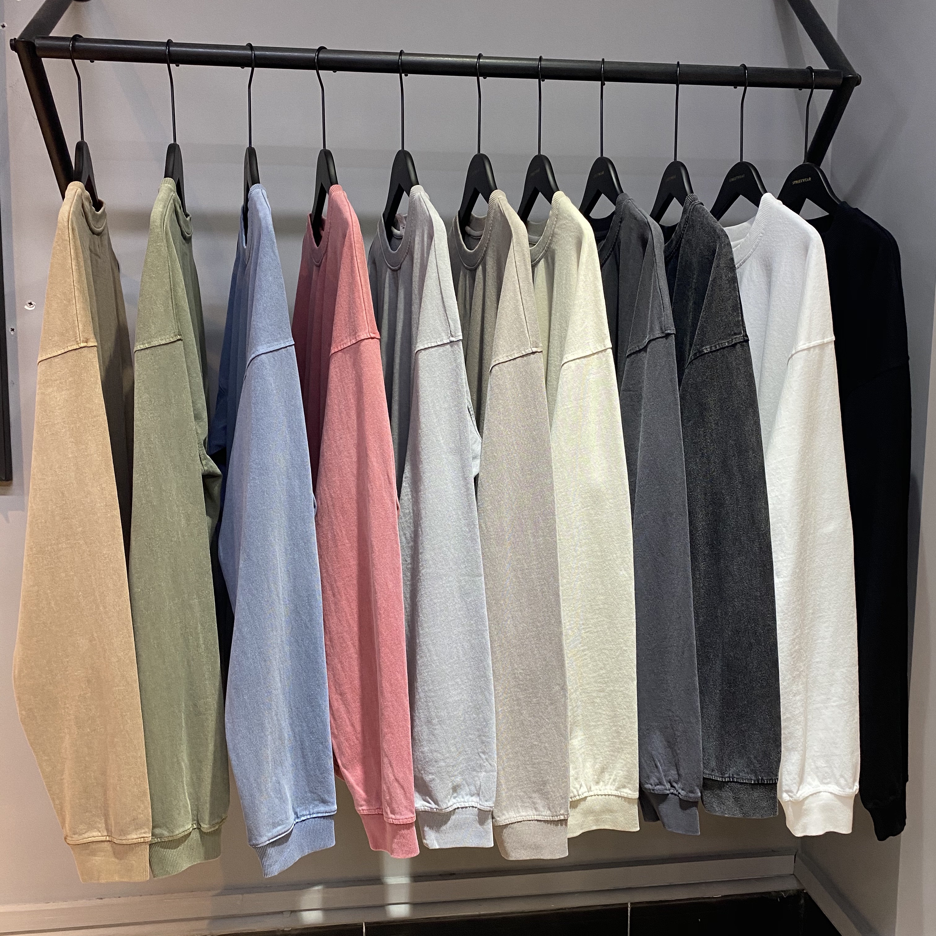 Long Sleeve Heavyweight Cotton Hoodie Grey Crew Neck Vintage Man Sweatshirts