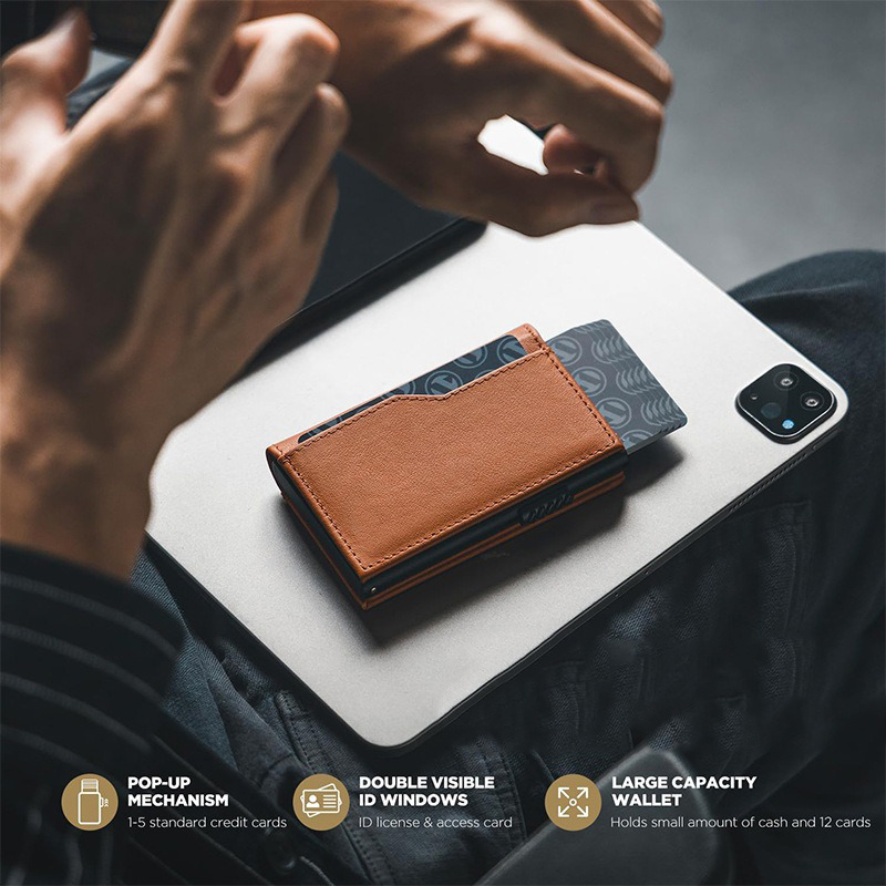 Credit Card Real Leather Automatic Pop Up Card Holder Wallet for Men and RFID Blocking