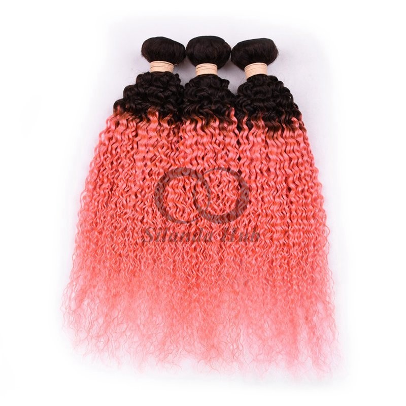 #T1B/Pink Kinky Curly Remy Human Hair Bundles Sew In Weave Bundles Brazilian Bundle Deals