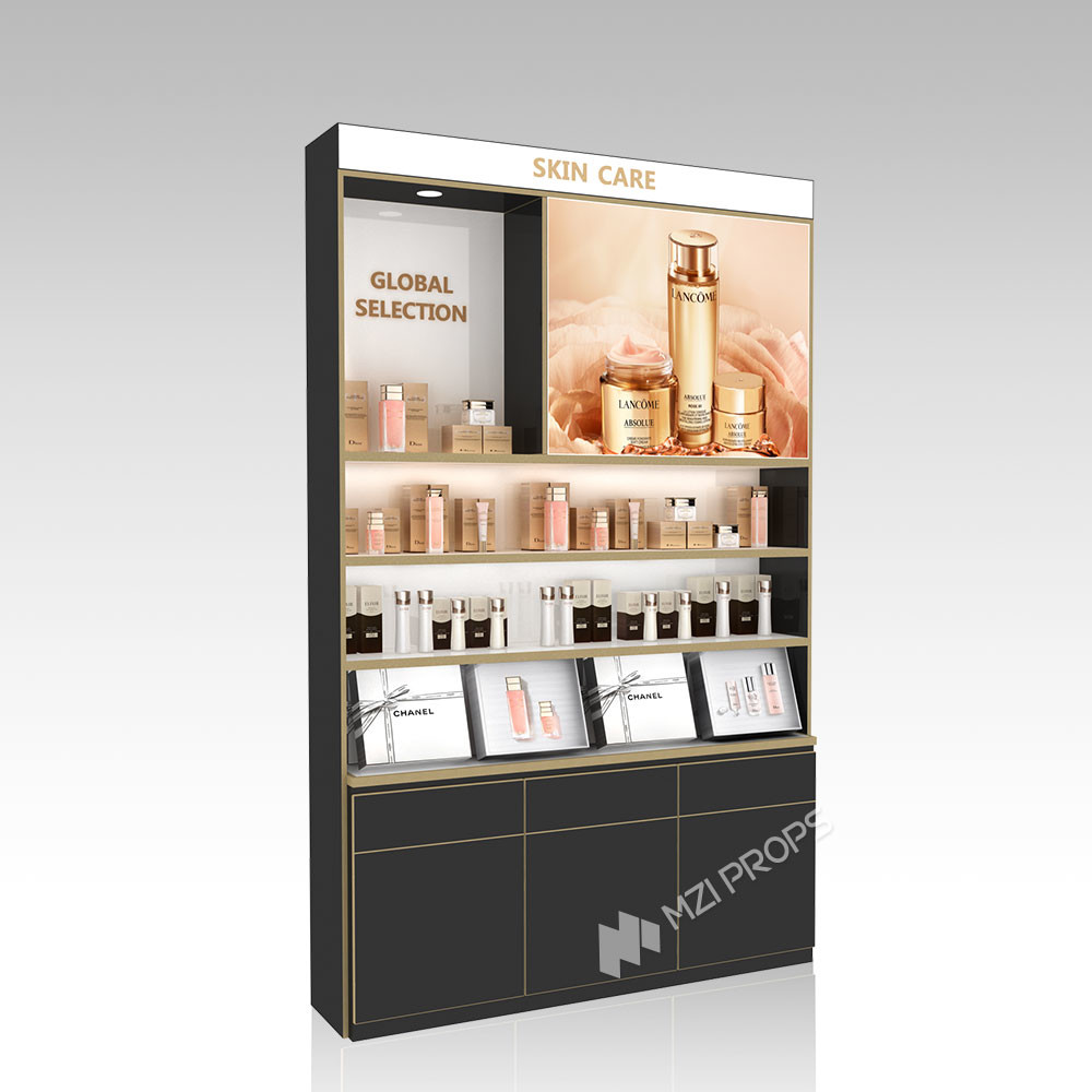 DYaS-VK-3 Skincare Display Cabinet with 40mm Acrylic Lightbox and Gold Edging