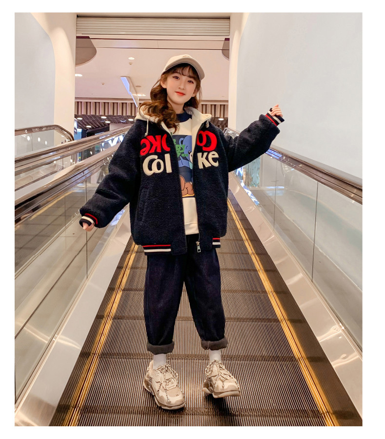 Girls extra thick coat children's clothing hooded embroidered woolen coat lamb cashmere navy blue casual thermal coat