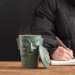 TV Shopping Must-Have Elegant Sanxingdui Cultural Ceramic Mug with Lid Spoon and