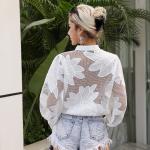 Lantern Sleeve High Neck Flared Blouse Chic Black High Waisted Lace Tops With