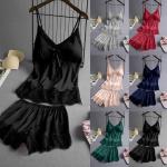 Summer Sleeveless Ice Silk Sexy Suspenders Knickers Lace Satin Pajama Set For