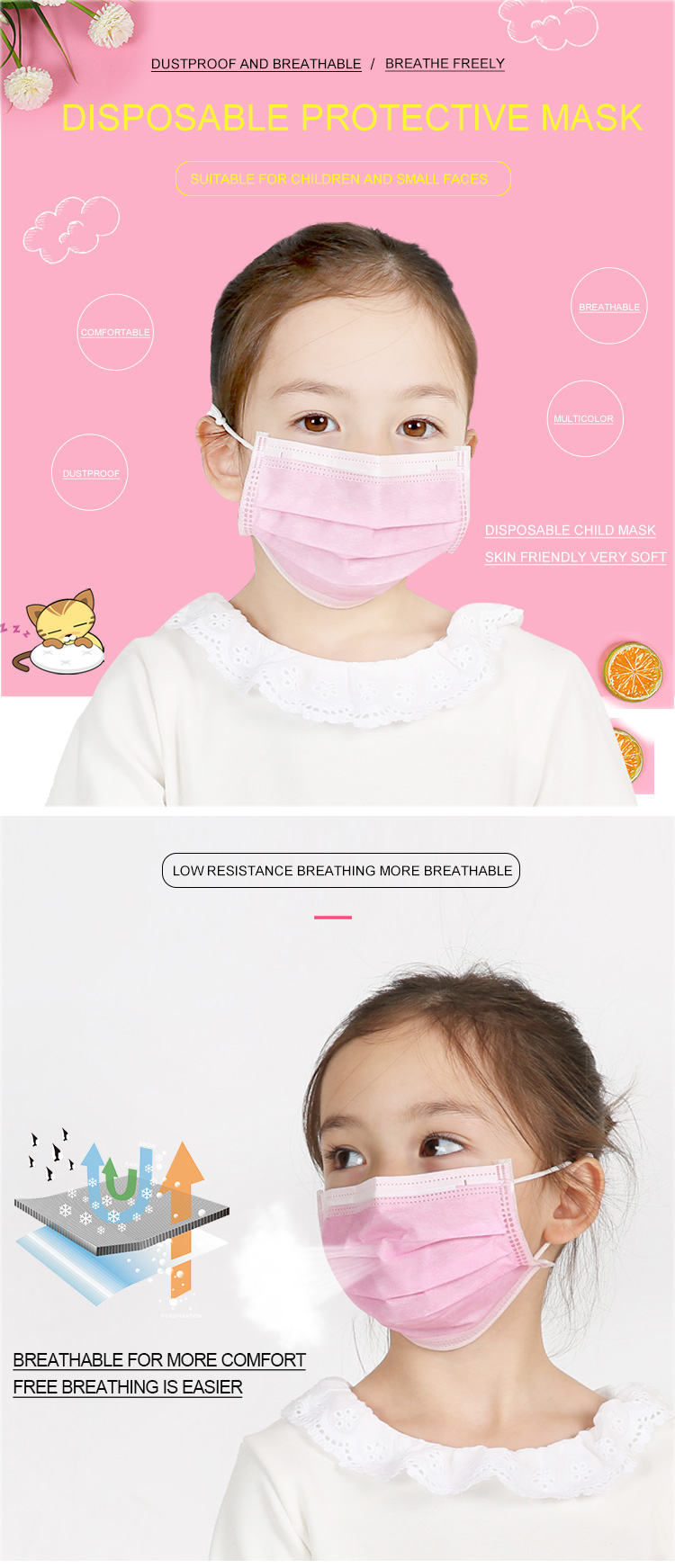 Non Irritating Disposable Kids Surgical Mask Dust Prevention Pink Yellow