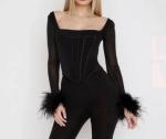 Custom Clothing Women'S Square Neck Long Sleeve Slim Short Top WITH Boning