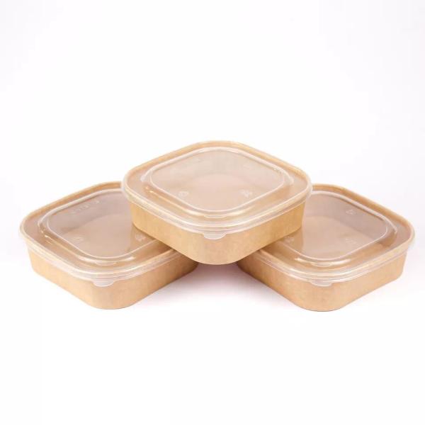 Cheap Custom Printing Disposable Kraft Paper Bowl Square With Plastic Lid Take Away Food Packing Container On Sale for sale
