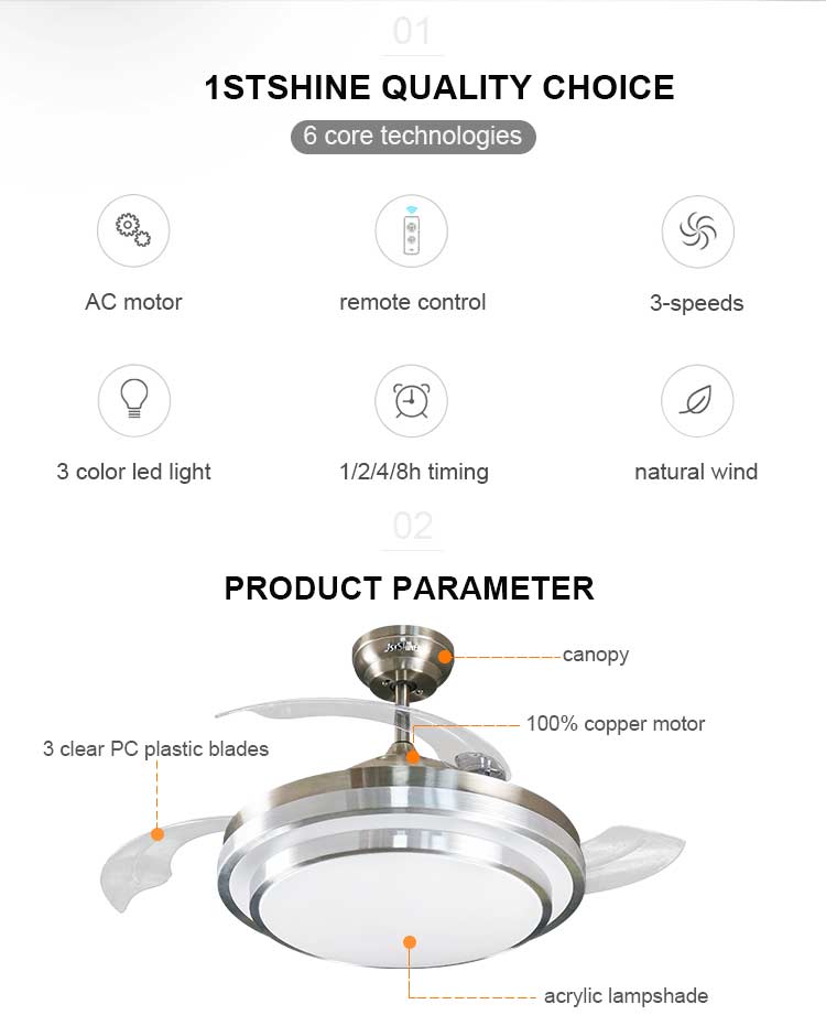 Retractable Blades LED Ceiling Fan with Remote Control and 42 Inch Acrylic Lampshade
