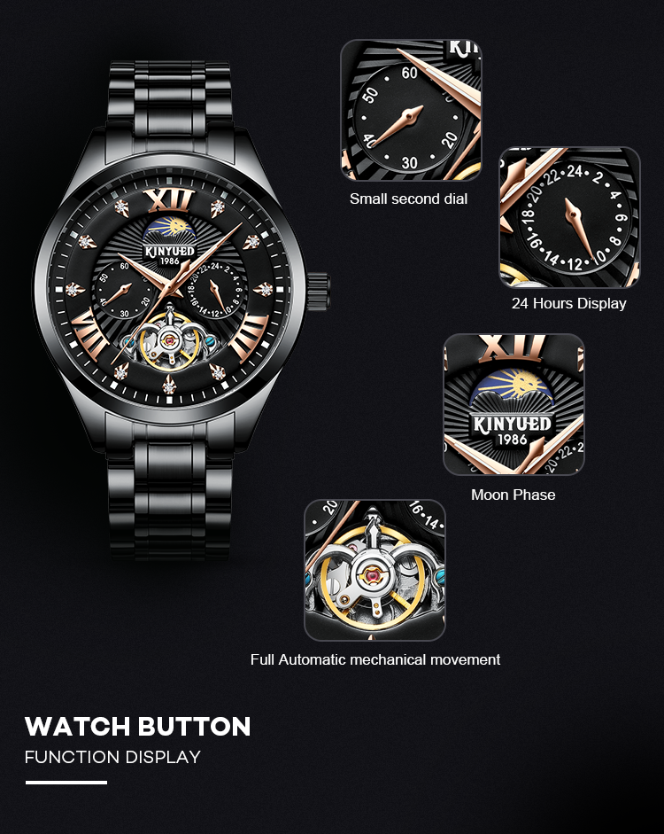 KINYUED High Quality Custom Waterproof Watch Watch Buckle Stainless Steel Automatic Mechanical Watch Men