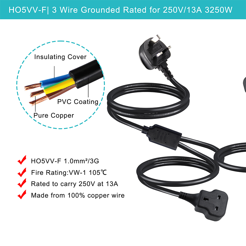 Copper 3 Wires AC Power Cord UK 3Pin Male To Double Female Connector Y Splitter England Cable