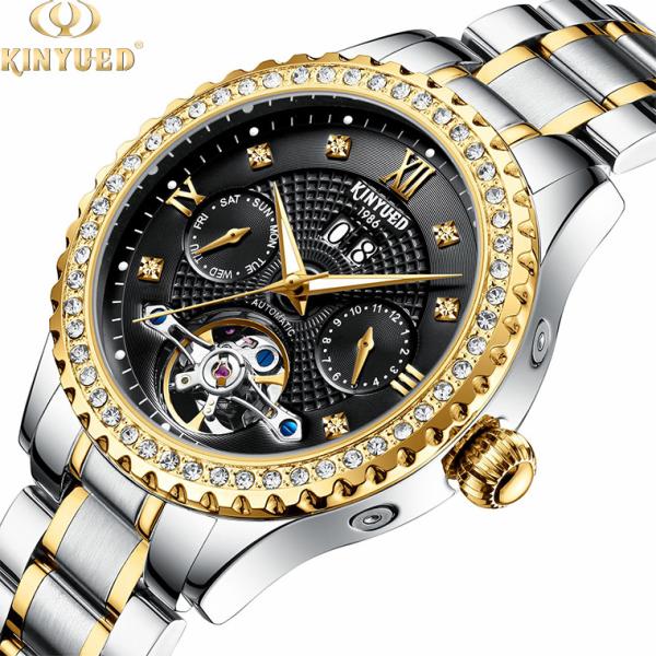 KINYUED Design your own luxury waterproof mens skeleton automatic tourbillon