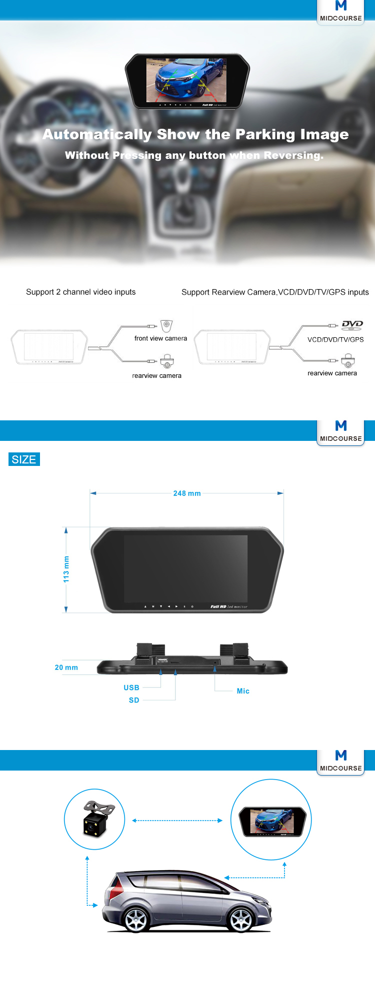 High quantity universal car reverse camera with 7 inch HD mirror monitor