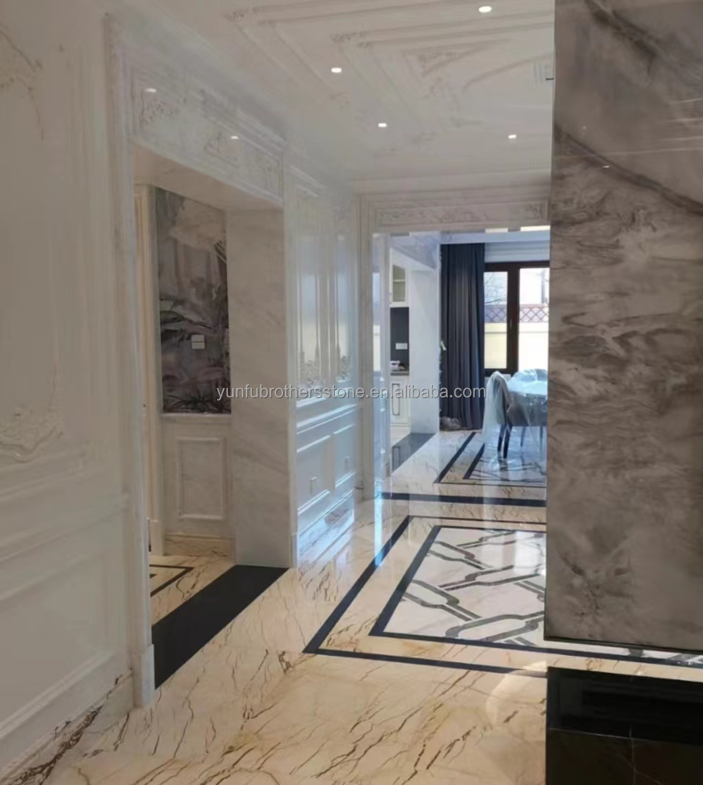 Interior Stair and Floor Tiles Solfitel Gold Marble Big Slab in Modern Natural Style