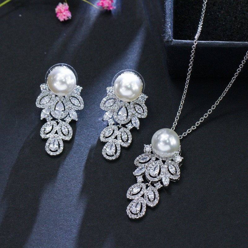 Luxury Crystal Bridal Wedding Jewelry Pearl Rhinestone Women Girls Necklace Sets Engagement Pa