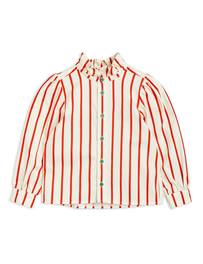 Christmas Girls Cotton Striped Woven Ruffle Neck Blouse with Contrast Button