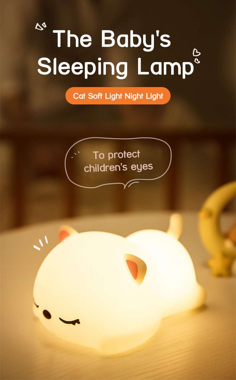 LED Cute Cat Lamp Nursery Kids Bedroom Decor Gift Color Changing Silicone Touch Kitty Night Light