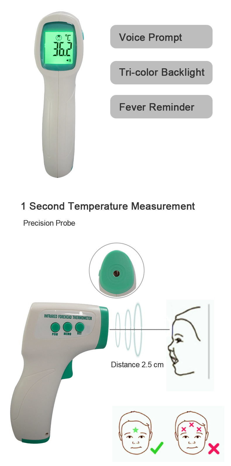 Children / Adult Non Contact Body Thermometer 35℃~43℃ 3-5CM Temperature Measure