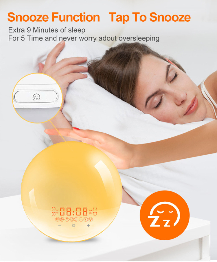 2022 New Smart APP Sunrise Wake up Light Alarm Clock with 8 Natural Music Sunrise Simulation Bedside Night light with FM