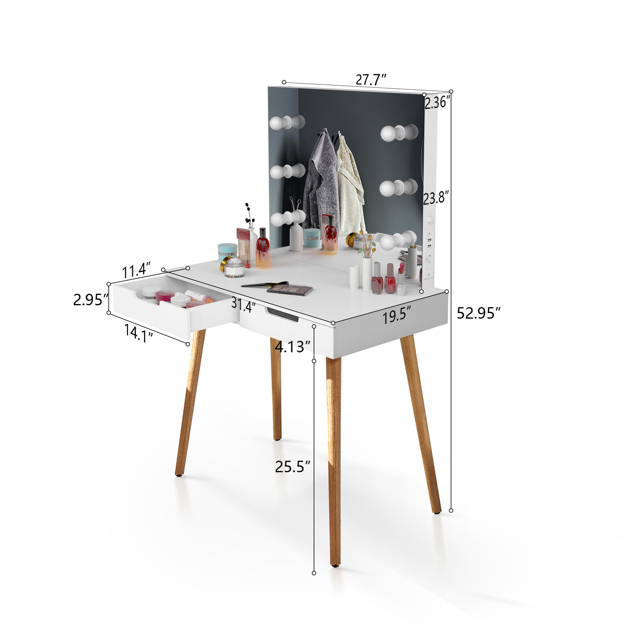 White Wooden Makeup Vanity Table With Lighted Mirror USB Function