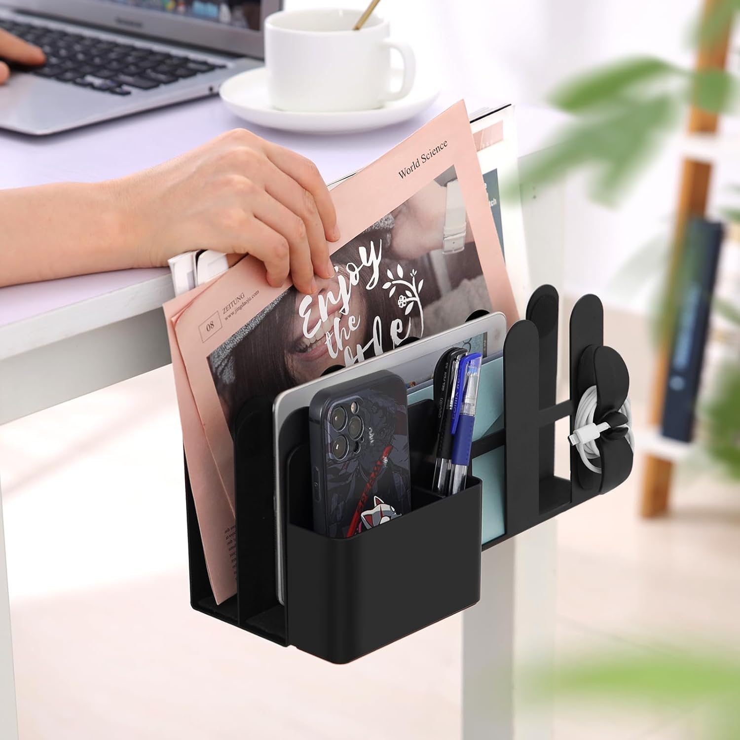 2 Tier Hanging Desk Organizer No Drill Alloy Steel Under Desk Storage for Office Black