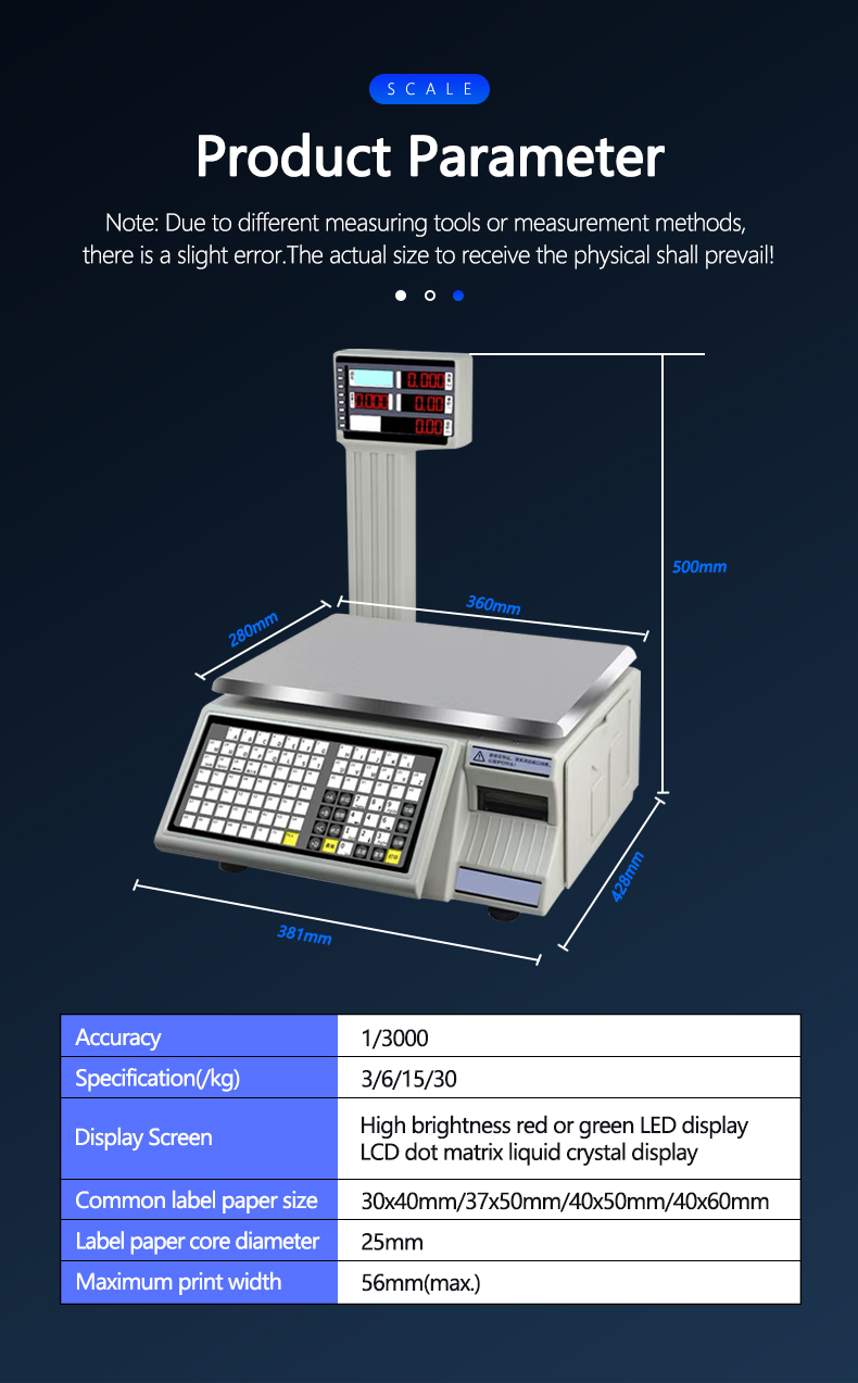 SHW-TMC 30kg Bar Code Printing Table Scale with AC/DC Power Supply and Maximum Range