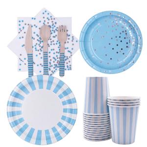 Quality Boys Christmas Blue Strip Birthday Paper Plates And Napkins Cups wholesale