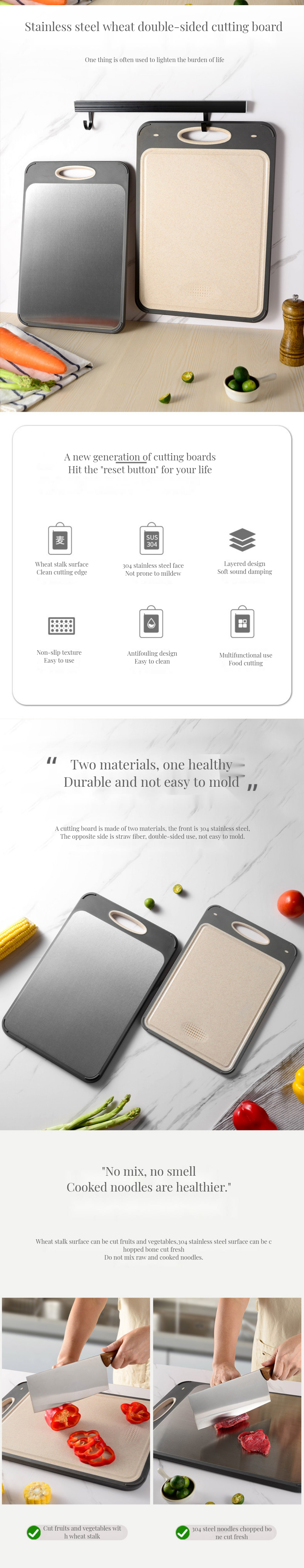 304 Stainless Steel Cutting Board Eco-friendly Bamboo Square Design Anti-Mold Plastic Frame
