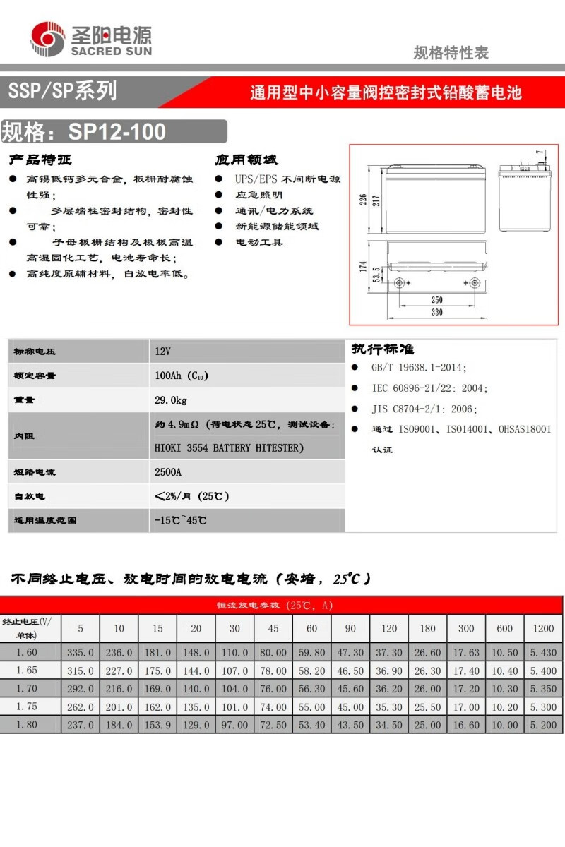 330mm Length Sacred Sun Sealed SP12-100 Lead Acid Battery 12V100Ah for UPS Power System