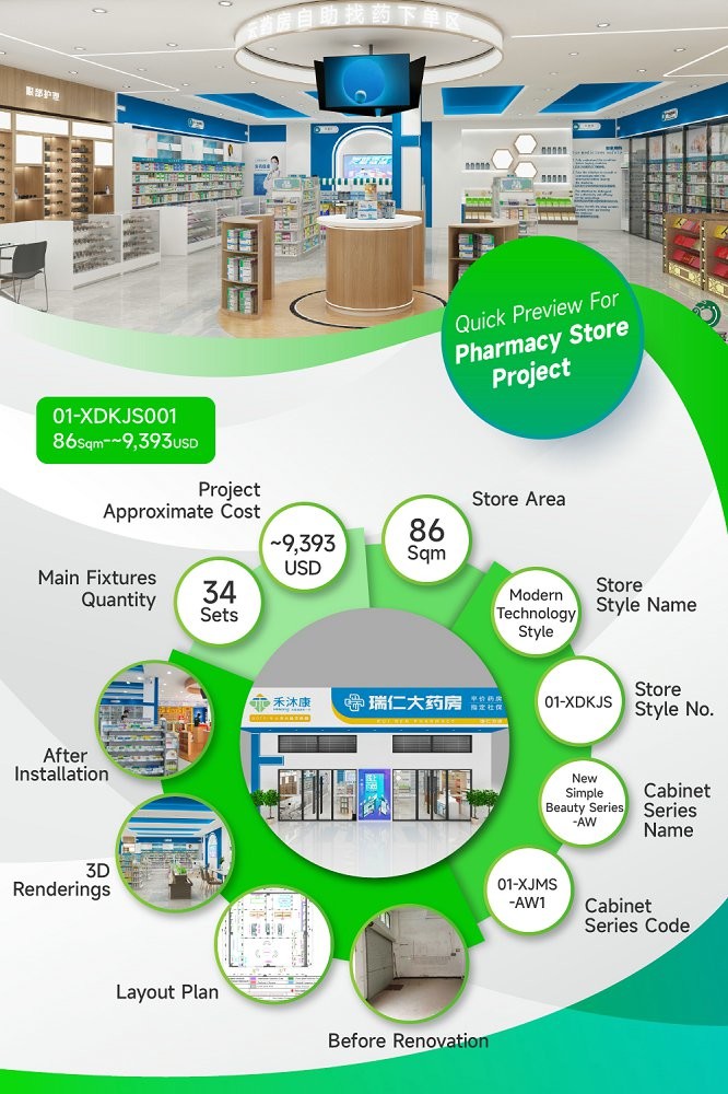 01-XDKJS001, Modern Tech Style Pharmacy Shop in Huizhou featuring 34 Main Fixtures within 86 Sqm and Approx. $9,393 Budget