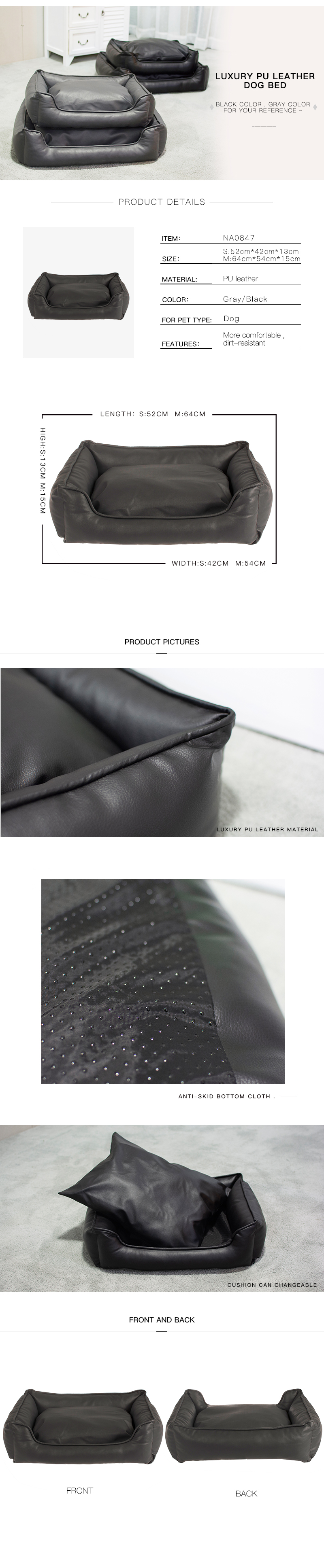 Luxury Black Soft Pet Bed Cushion PU Leather For Dogs Cats