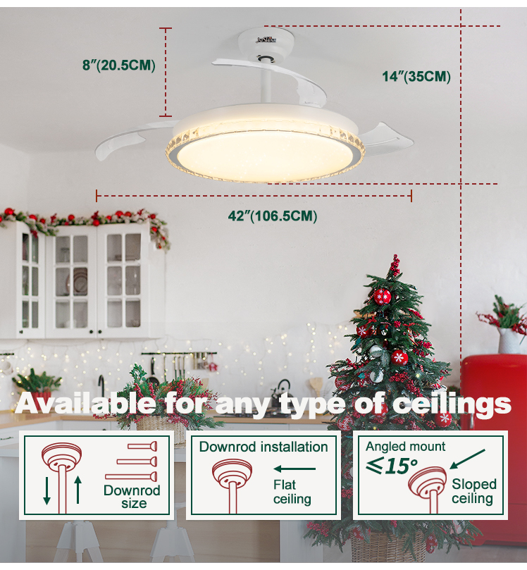 110-240V/50Hz-60Hz LED Ceiling Fan with Retractable Blades 10- and Space-Saving Design