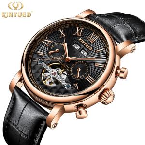 Quality KINYUED J022-2 Minimalist Gold Case Leather Strap Watches Complete Calendar Automatic Mechanical Waterproof Montre Homme wholesale