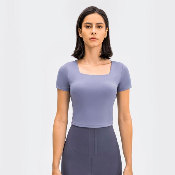 Short Sleeves Square Neck Breast Pad Elegant Women Fitness Shirt Yoga Wear