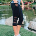 Cropped running leggings side pocket three-piece mesh yoga pants